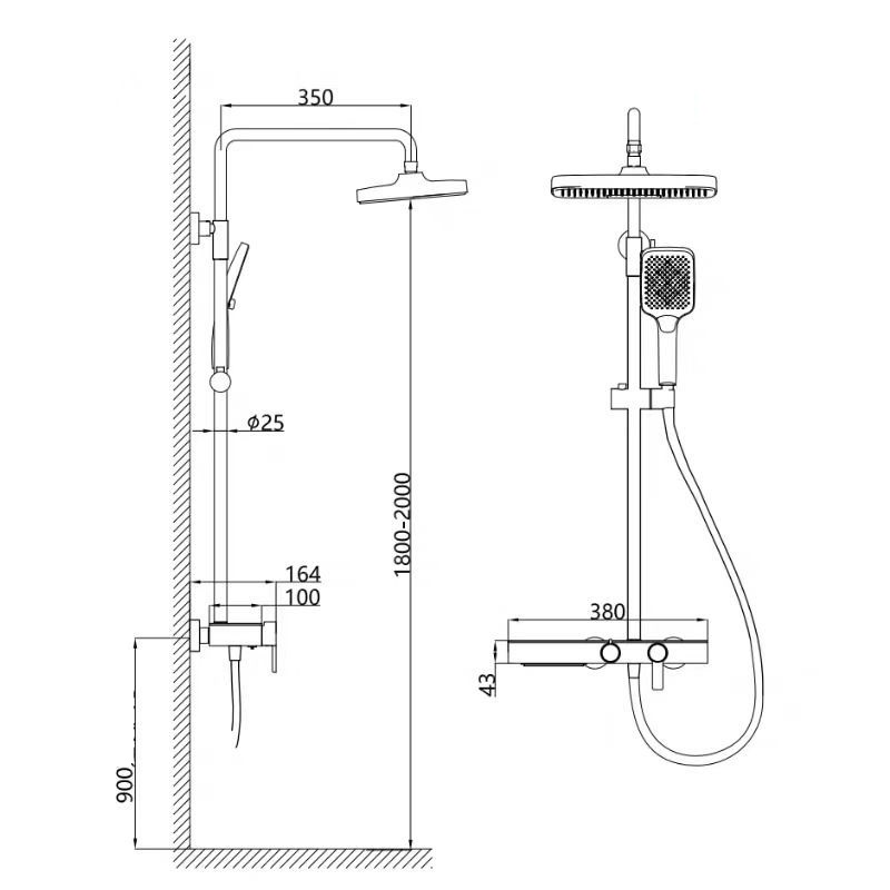 Kích thước lắp đặt sen cây tắm màu hồng 152